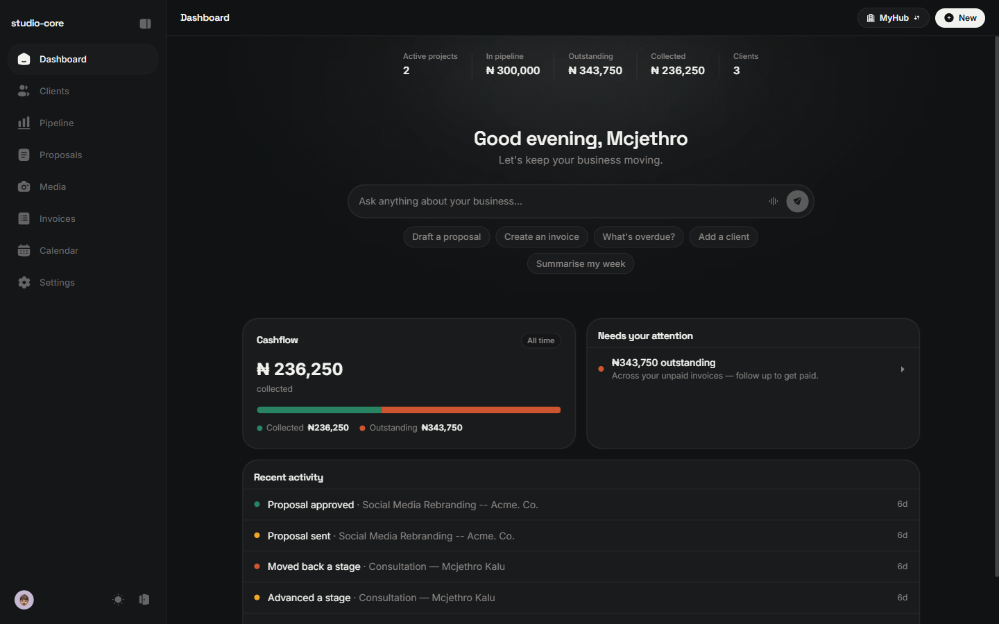 CreativeOS dashboard — client pipeline, cashflow, and a built-in AI assistant