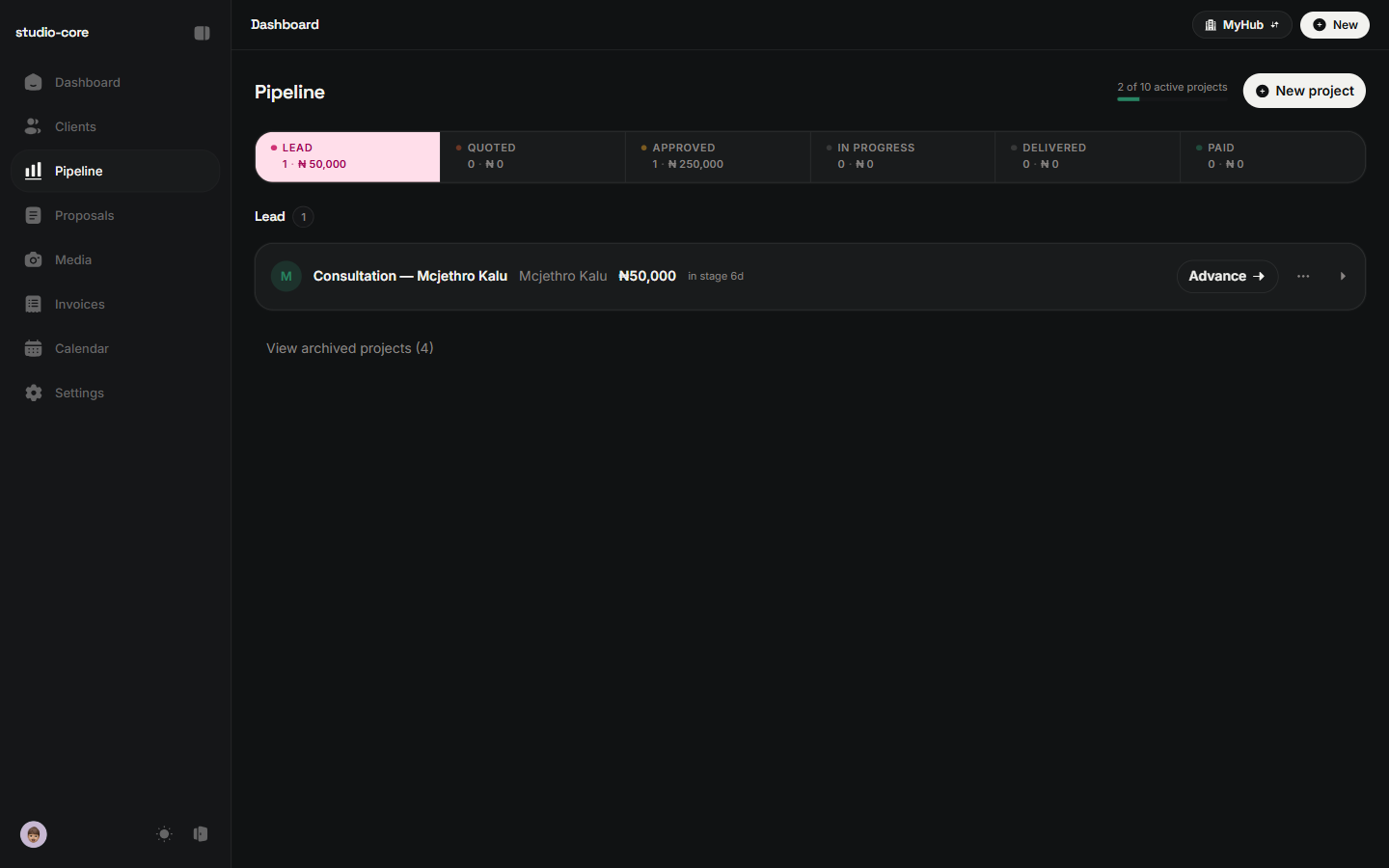CreativeOS pipeline — Lead → Quoted → Approved → In Progress → Delivered → Paid