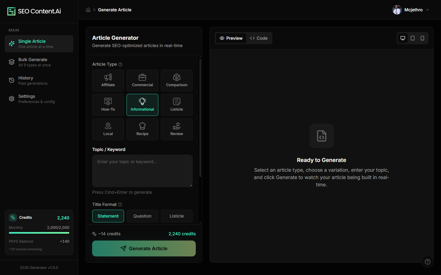 SEO Content AI — the article generator: article types, topic input, and a live preview panel